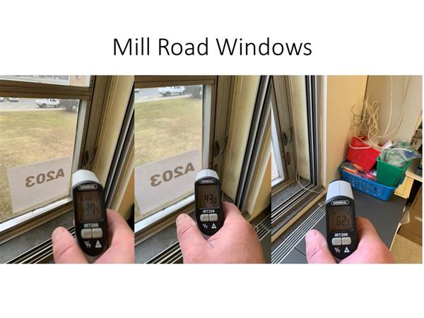 Photos of temperature readings around existing windows at Mill Road