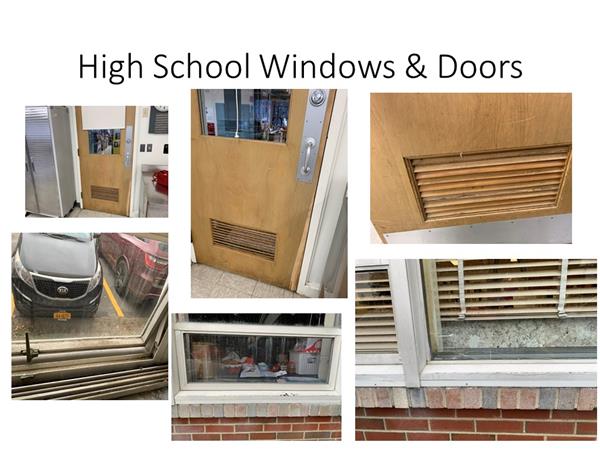 Photos of existing windows and doors at Red Hook High School